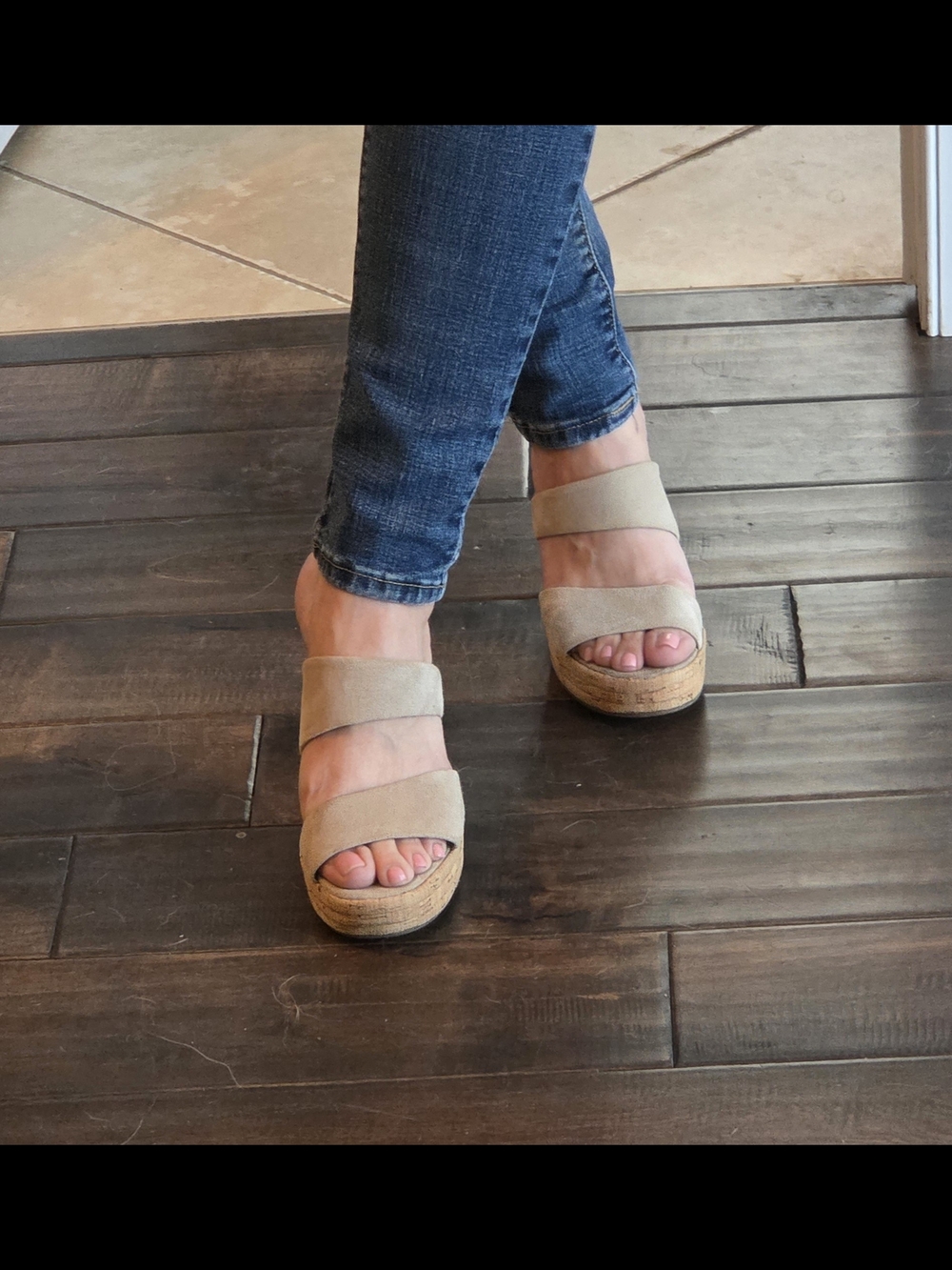 Womens Beige Suede Wedge Sandals - Neutral Platform Slides